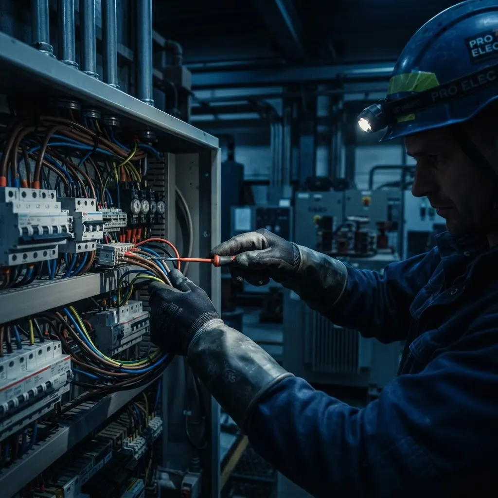Eletricista profissional trabalhando em um painel elétrico